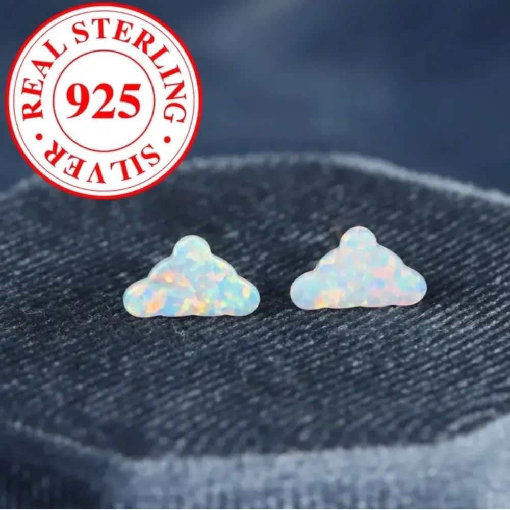 White Opal Cloud~ Rainbow Flash Iridescent Glittery Cumulus Sky Weather 925 Stud